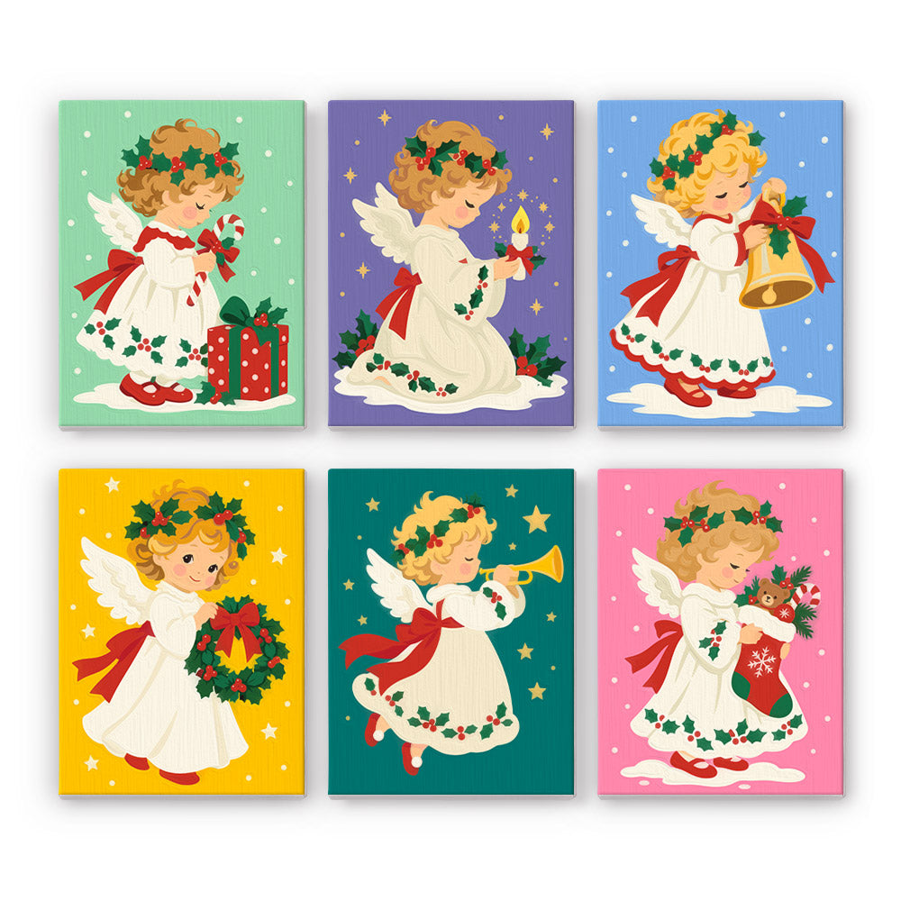 Holly-Crowned Vintage Angels mini paint by numbers – Vintage-style little angels in white gowns with holly crowns, holding wreaths, bells, candles, gifts and a trumpet