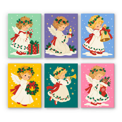 Holly-Crowned Vintage Angels mini paint by numbers – Vintage-style little angels in white gowns with holly crowns, holding wreaths, bells, candles, gifts and a trumpet