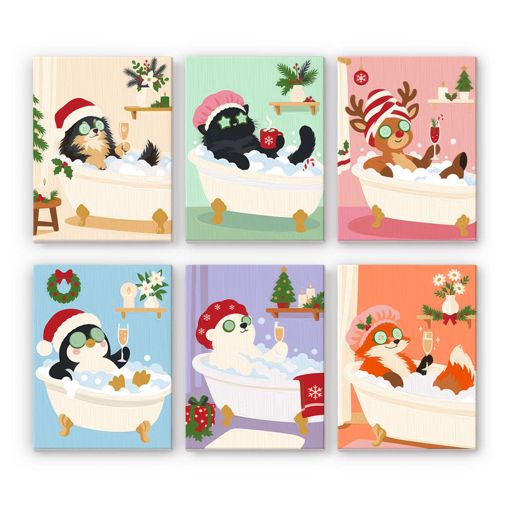 Christmas Spa Day Bubble Baths mini paint by numbers – Cats, a penguin, fox and reindeer in Santa hats and face masks soaking in clawfoot bubble baths