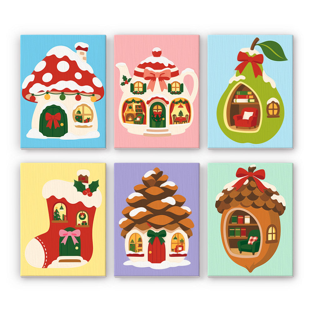 Pinecone and Teapot Fairy Houses mini paint by numbers – Tiny snowy fairy homes in a toadstool, teapot, pear, stocking, pinecone and acorn with glowing windows