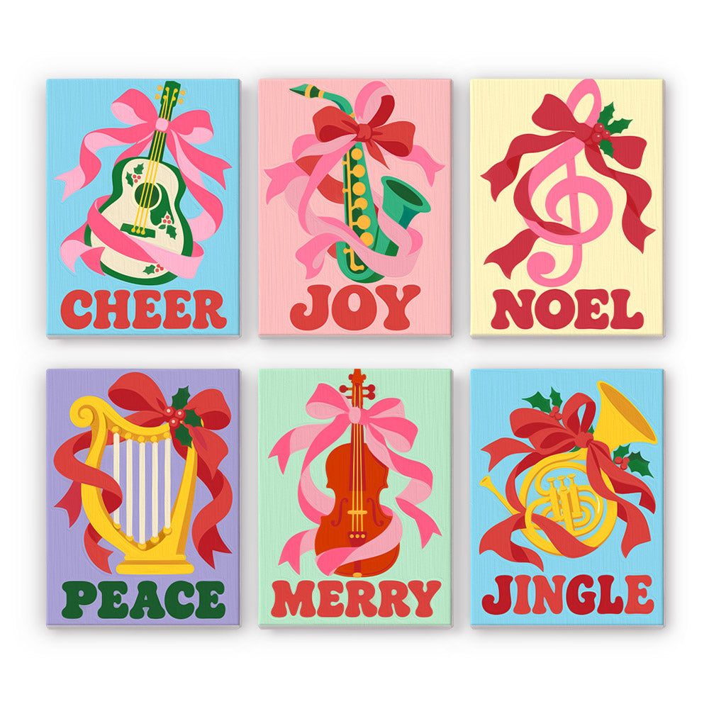 Ribbon-Wrapped Holiday Instruments mini paint by numbers – Guitar, saxophone, treble clef, harp, violin and French horn wrapped in red and pink ribbons with holiday words