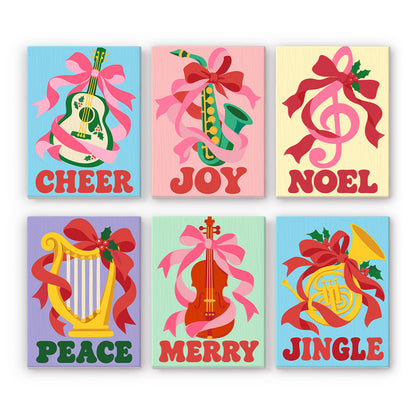 Ribbon-Wrapped Holiday Instruments mini paint by numbers – Guitar, saxophone, treble clef, harp, violin and French horn wrapped in red and pink ribbons with holiday words