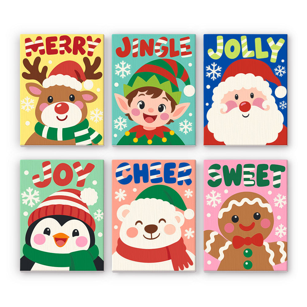 Big Letter Santa and Elf Faces mini paint by numbers – Close-up faces of a reindeer, elf, Santa, penguin, polar bear and gingerbread under chunky words like Merry and Jolly