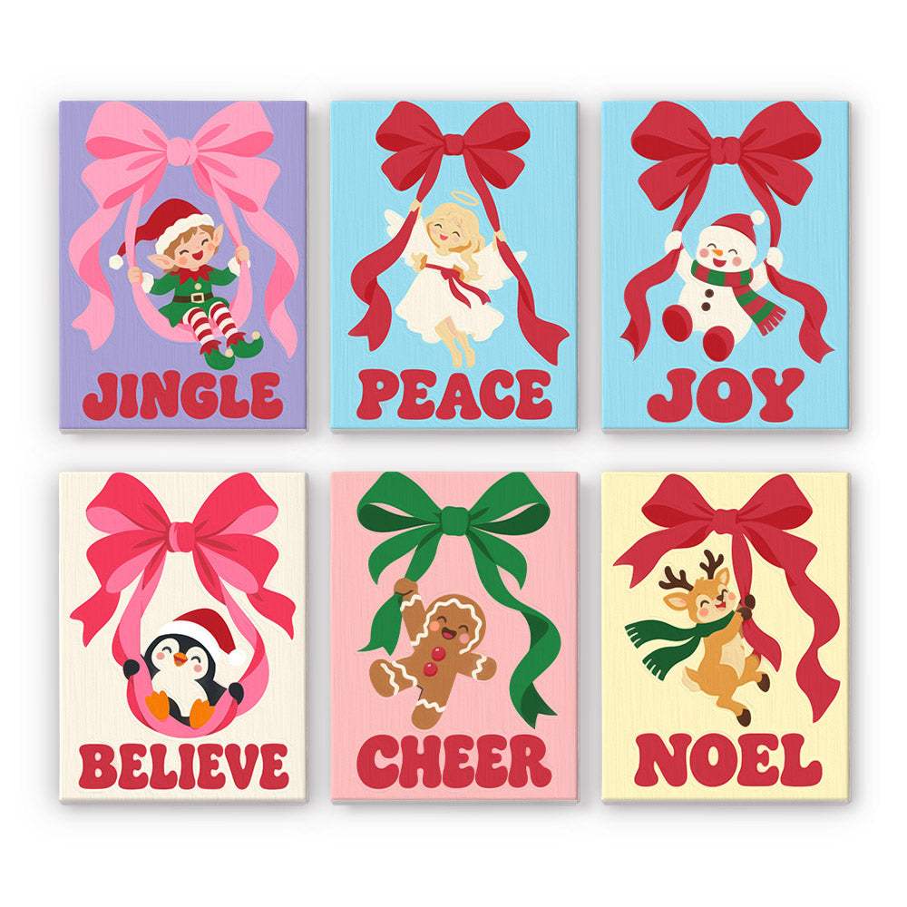 Swinging From Big Ribbon Bows mini paint by numbers – Elf, angel, snowman, penguin, gingerbread man and reindeer dangling from big ribbon bows over Jingle, Peace, Joy