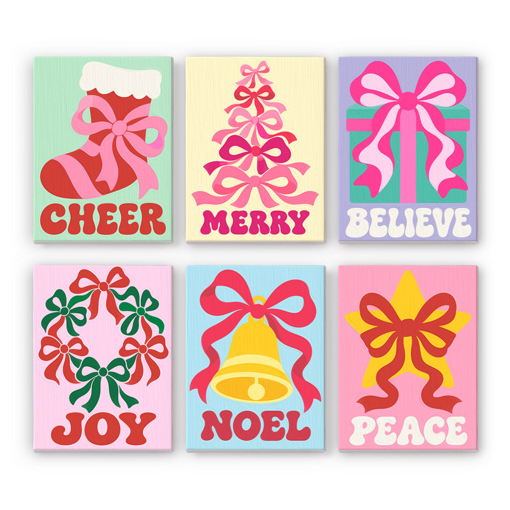 Tree and Wreath Made of Bows mini paint by numbers – Stocking, tree, gift, wreath, bell and star made of pink and red ribbon bows, lettered Cheer, Merry, Believe, Joy