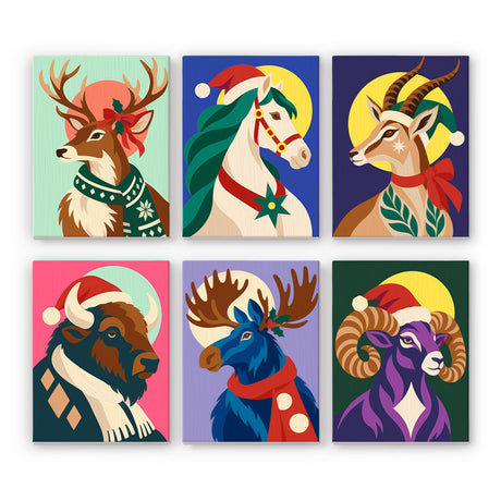 Jewel-Tone Stag, Moose and Ram mini paint by numbers – Bold jewel-tone portraits of a stag, white horse, antelope, bison, moose and ram in Santa hats and scarves