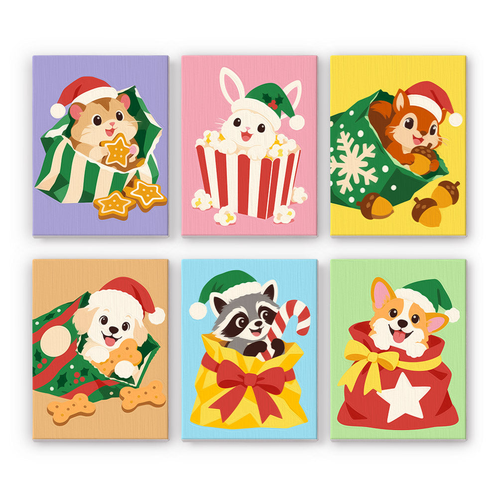 Pets Peeking From Gift Bags mini paint by numbers – Hamster, bunny, squirrel, puppy, raccoon and corgi in Santa hats peeking out of gifts, bags and a popcorn tub
