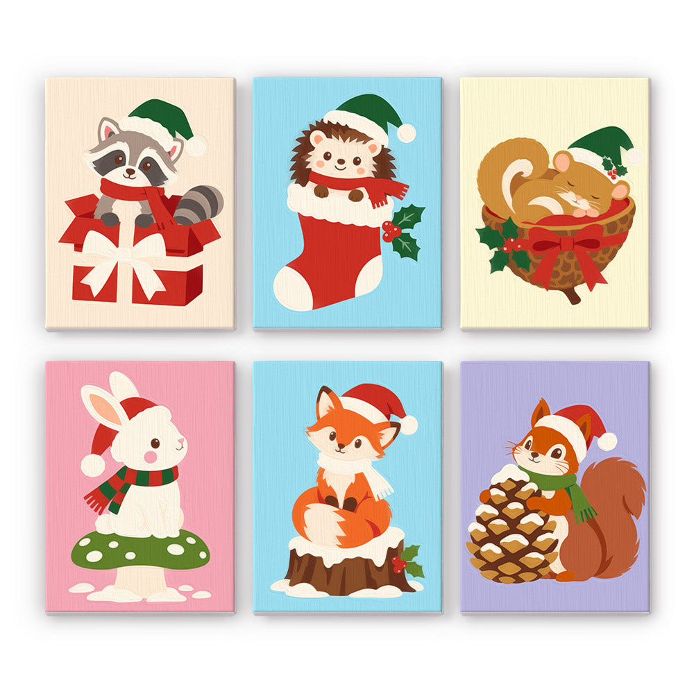 Hedgehog Stocking Woodland Pals mini paint by numbers – Raccoon in a gift box, hedgehog in a stocking, sleeping squirrel, bunny on a mushroom, fox, squirrel with pinecone