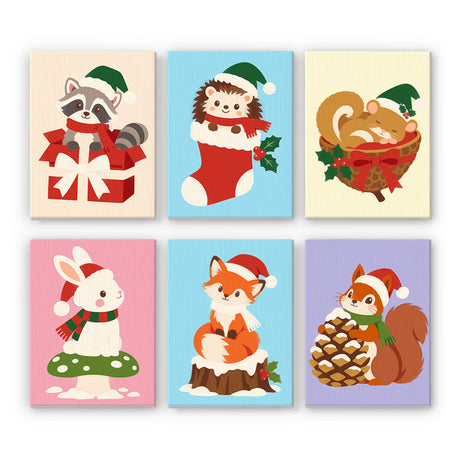 Hedgehog Stocking Woodland Pals mini paint by numbers – Raccoon in a gift box, hedgehog in a stocking, sleeping squirrel, bunny on a mushroom, fox, squirrel with pinecone
