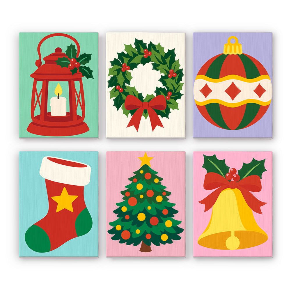 Classic Lantern, Wreath and Bell mini paint by numbers – Red lantern, wreath, striped bauble, star stocking, Christmas tree and golden bell on pastel backgrounds