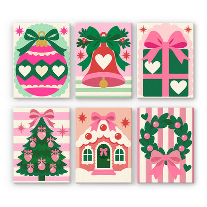 Candy Pink Hearts and Bows mini paint by numbers – Pink and green ornament, bell, gift, Christmas tree, gingerbread house and wreath decorated with hearts and bows
