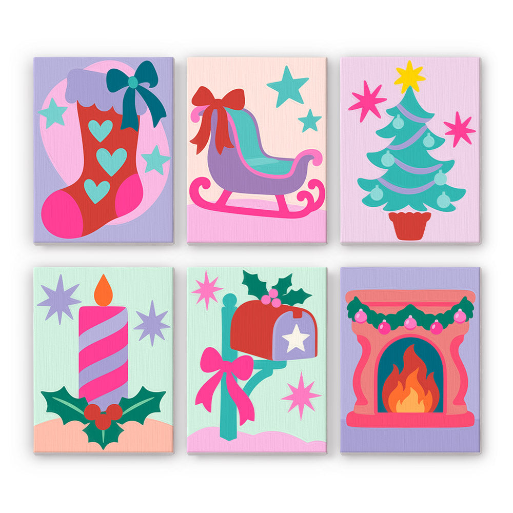Neon Pastel Sleigh and Hearth mini paint by numbers – Stocking, sleigh, Christmas tree, striped candle, mailbox with bow and fireplace in pink, lilac and teal