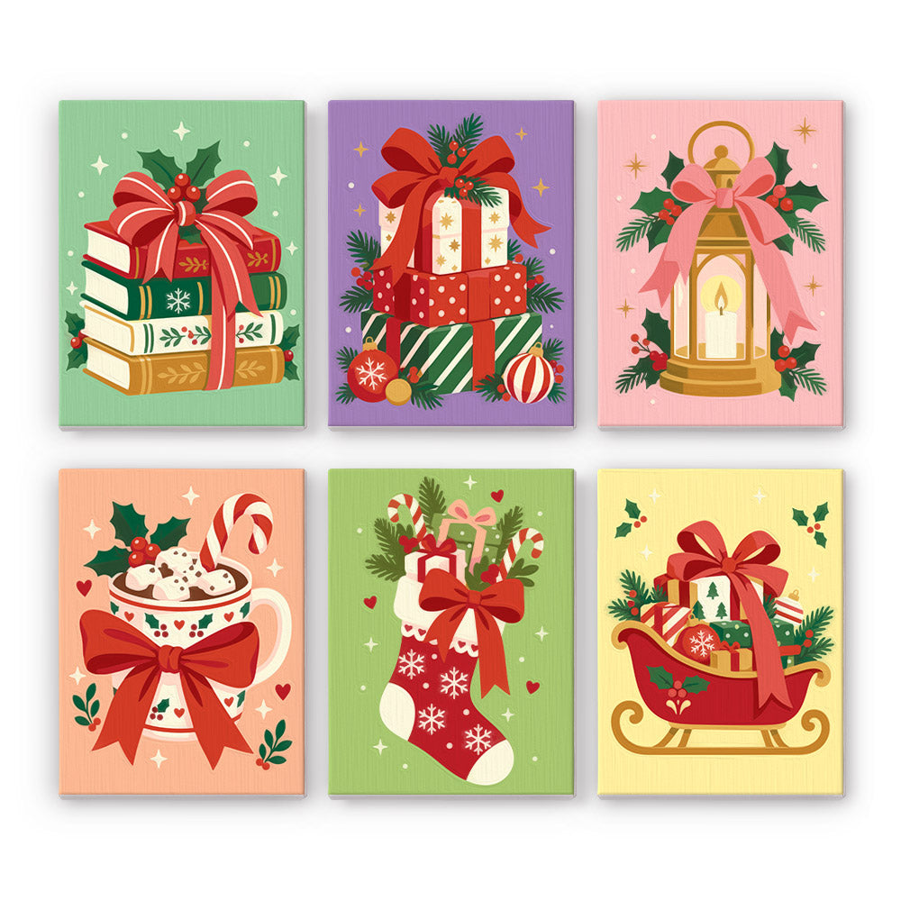 Ribbon-Wrapped Books and Lantern mini paint by numbers – Bow-tied book stack, stacked gifts, candle lantern, cocoa cup with candy canes, stuffed stocking and gift sleigh