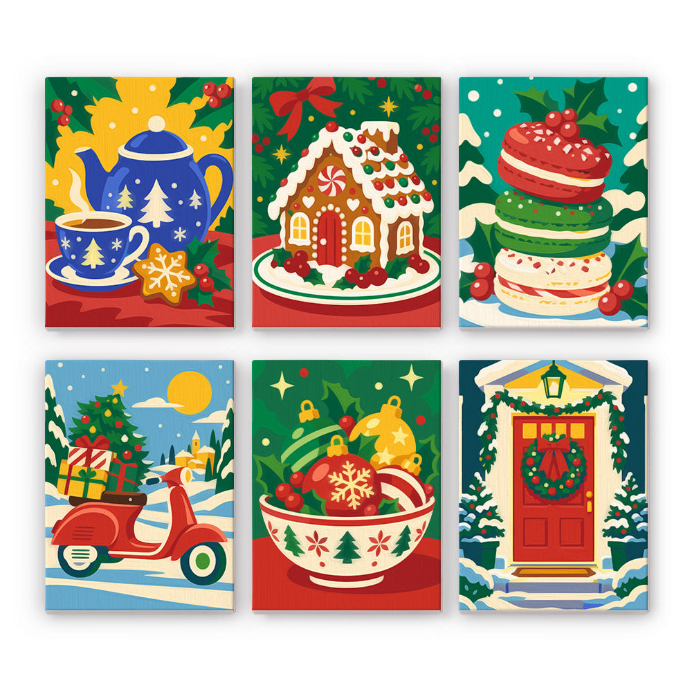 Scooter Delivery and Red Door mini paint by numbers – Blue teapot with cookies, gingerbread house, macaron stack, scooter with tree and gifts, ornament bowl, red door