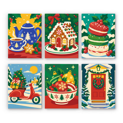 Scooter Delivery and Red Door mini paint by numbers – Blue teapot with cookies, gingerbread house, macaron stack, scooter with tree and gifts, ornament bowl, red door