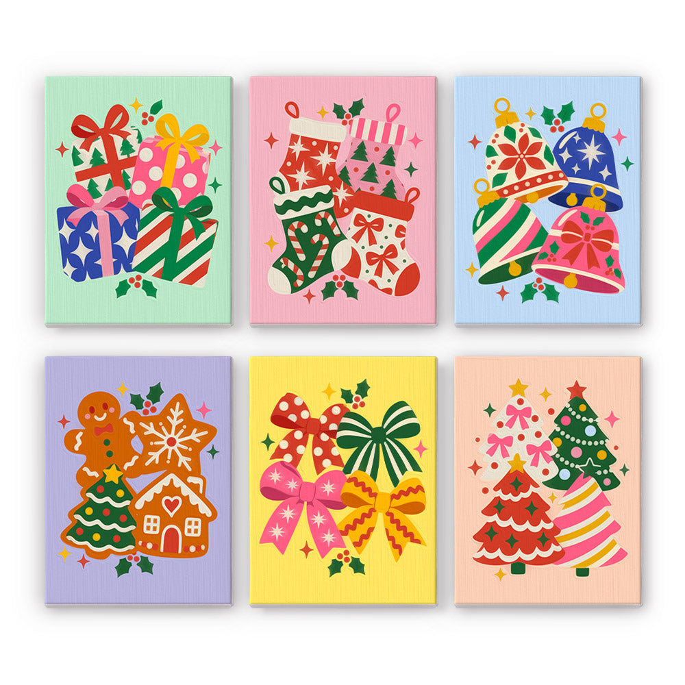 Confetti-Bright Bows and Bells mini paint by numbers – Clusters of patterned gifts, stockings, bells, gingerbread treats, bows and trees in rainbow colors
