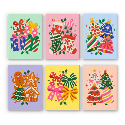 Confetti-Bright Bows and Bells mini paint by numbers – Clusters of patterned gifts, stockings, bells, gingerbread treats, bows and trees in rainbow colors