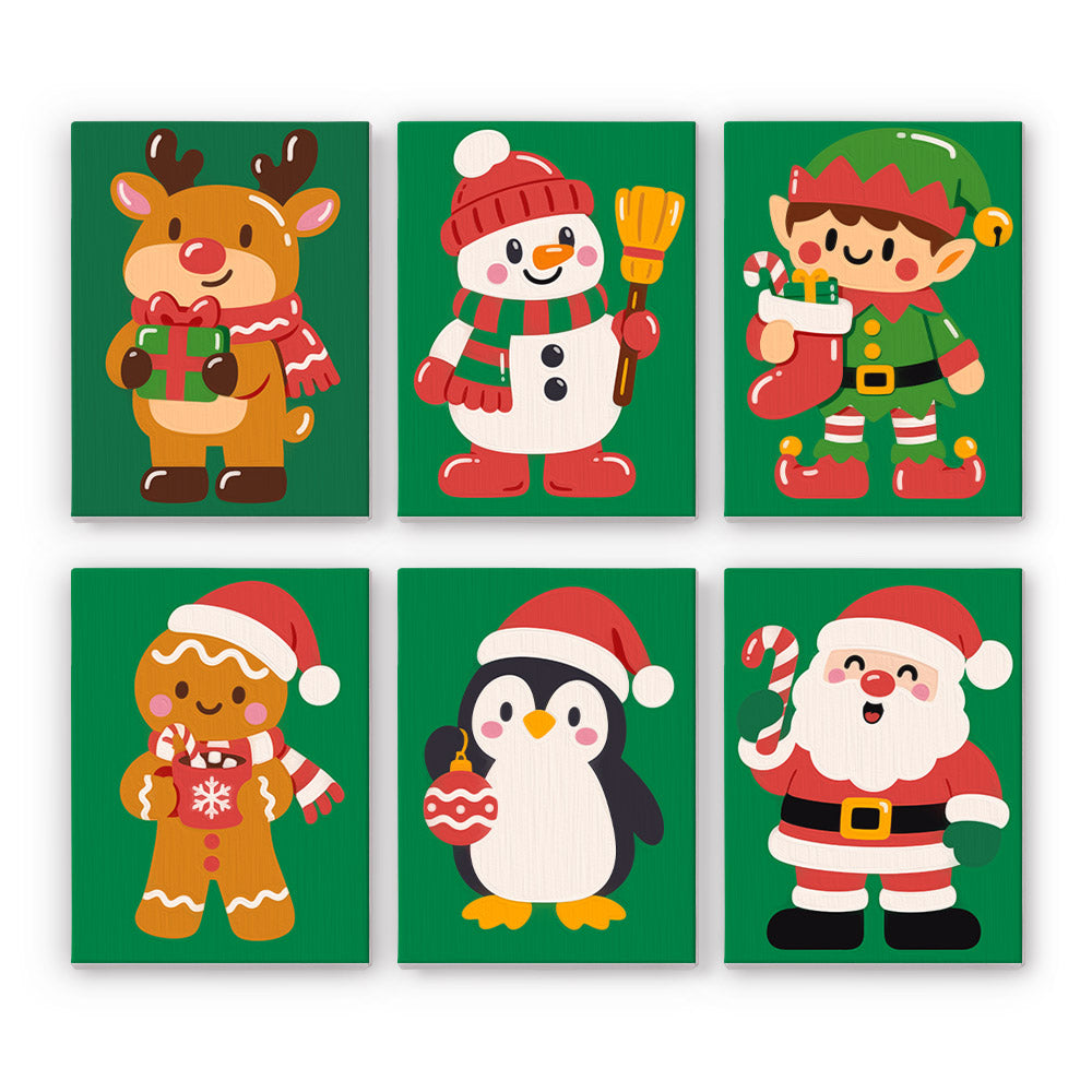 Jolly Crew on Holly Green mini paint by numbers – Reindeer, snowman with broom, elf, gingerbread man, penguin and Santa on solid deep green backgrounds