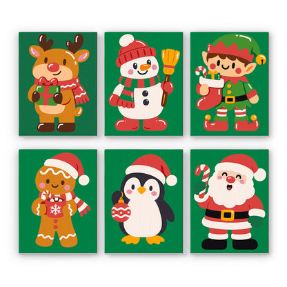 Jolly Crew on Holly Green mini paint by numbers – Reindeer, snowman with broom, elf, gingerbread man, penguin and Santa on solid deep green backgrounds