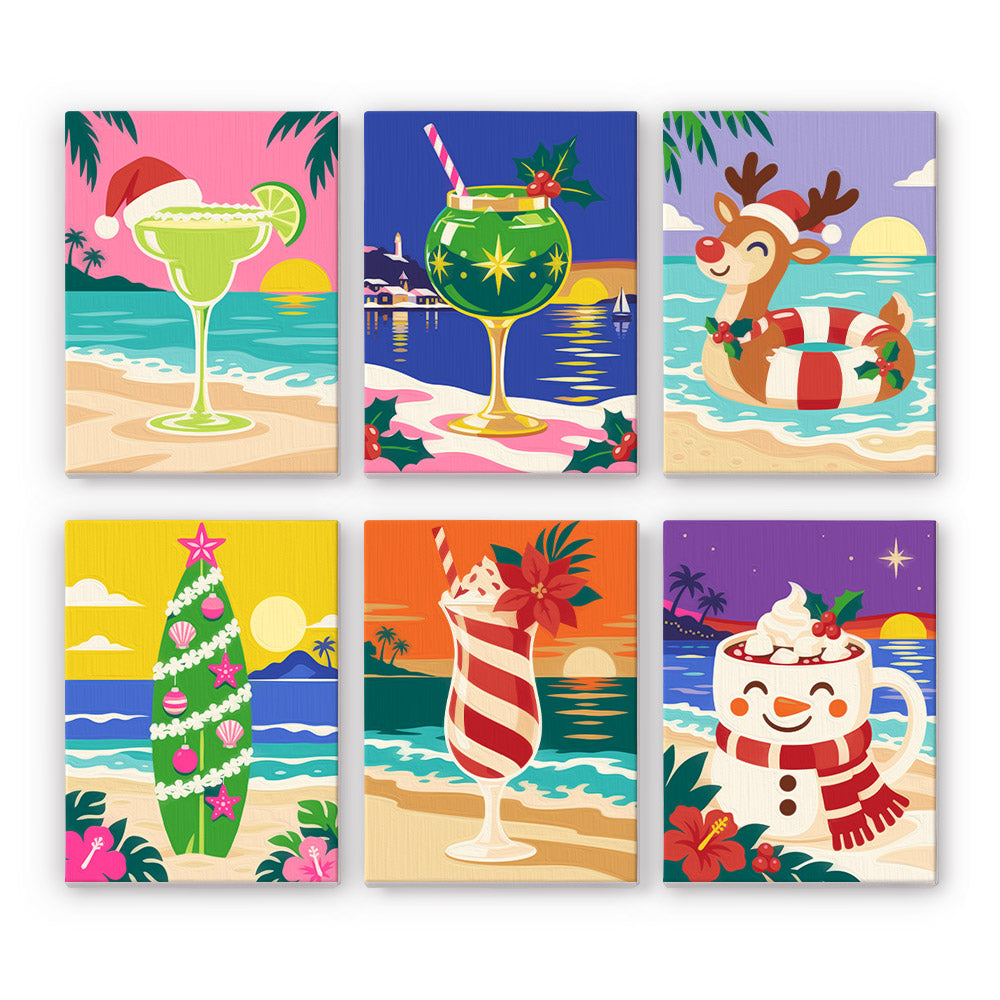 Beachside Christmas Cocktails mini paint by numbers – Margarita, green cocktail, reindeer in a pool float, tree on a surfboard, striped drink and snowman mug at the beach
