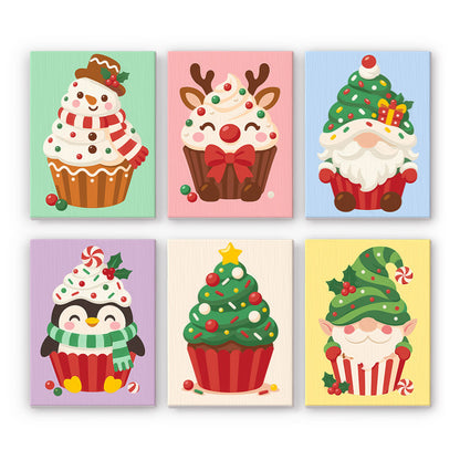Frosted Cupcake Characters mini paint by numbers – Cupcakes decorated as a snowman, reindeer, gnome, penguin, Christmas tree and elf