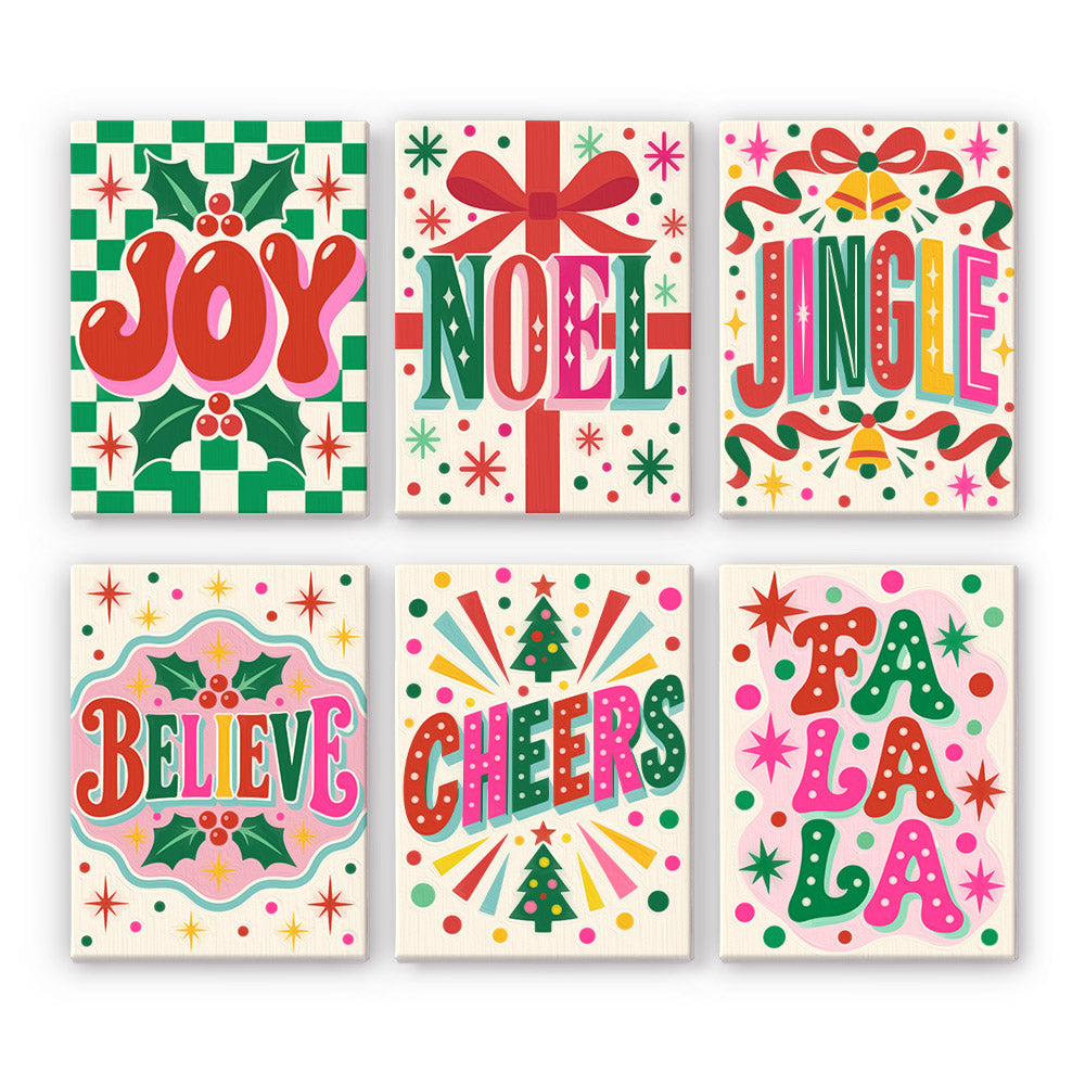 Fa La La Confetti Lettering mini paint by numbers – Joy, Noel, Jingle, Believe, Cheers and Fa La La in bright red, pink and green lettering with confetti