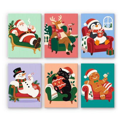Sofa-Lounging Santa and Friends mini paint by numbers – Santa, reindeer, penguin, snowman, black cat and gingerbread man relaxing on sofas and armchairs with drinks