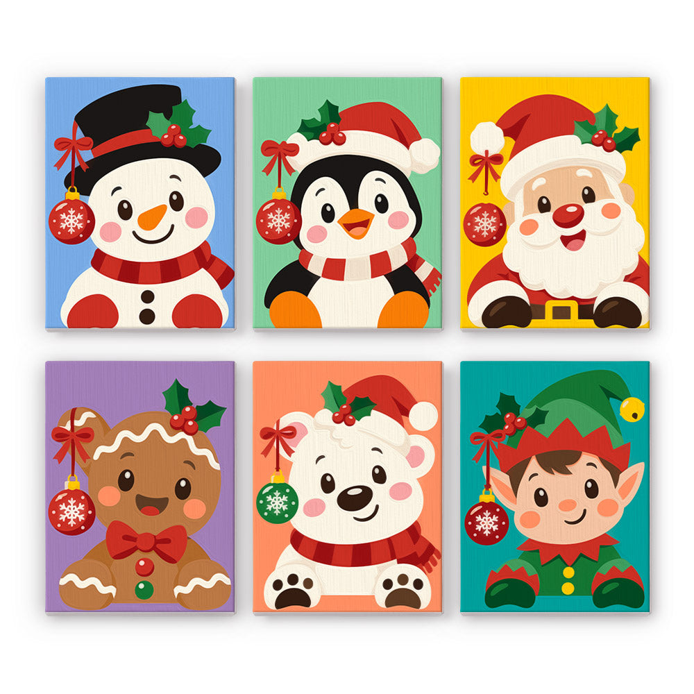 Rosy-Cheeked Bauble Buddies mini paint by numbers – Snowman, penguin, Santa, gingerbread man, polar bear and elf with rosy cheeks and dangling ornaments