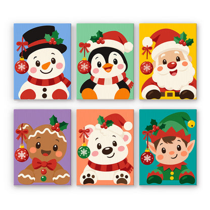 Rosy-Cheeked Bauble Buddies mini paint by numbers – Snowman, penguin, Santa, gingerbread man, polar bear and elf with rosy cheeks and dangling ornaments