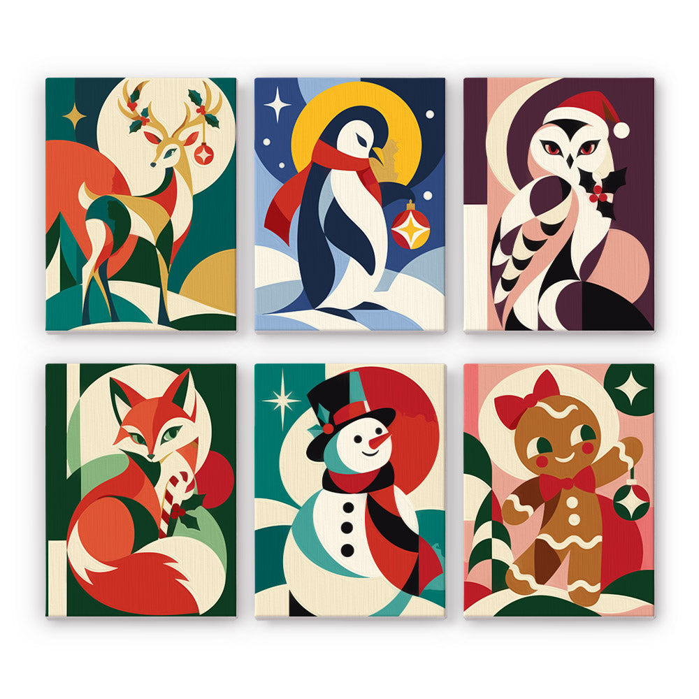 Mod Shapes Fox, Owl and Penguin mini paint by numbers – Reindeer, penguin, owl, fox, snowman and gingerbread man built from bold geometric shapes
