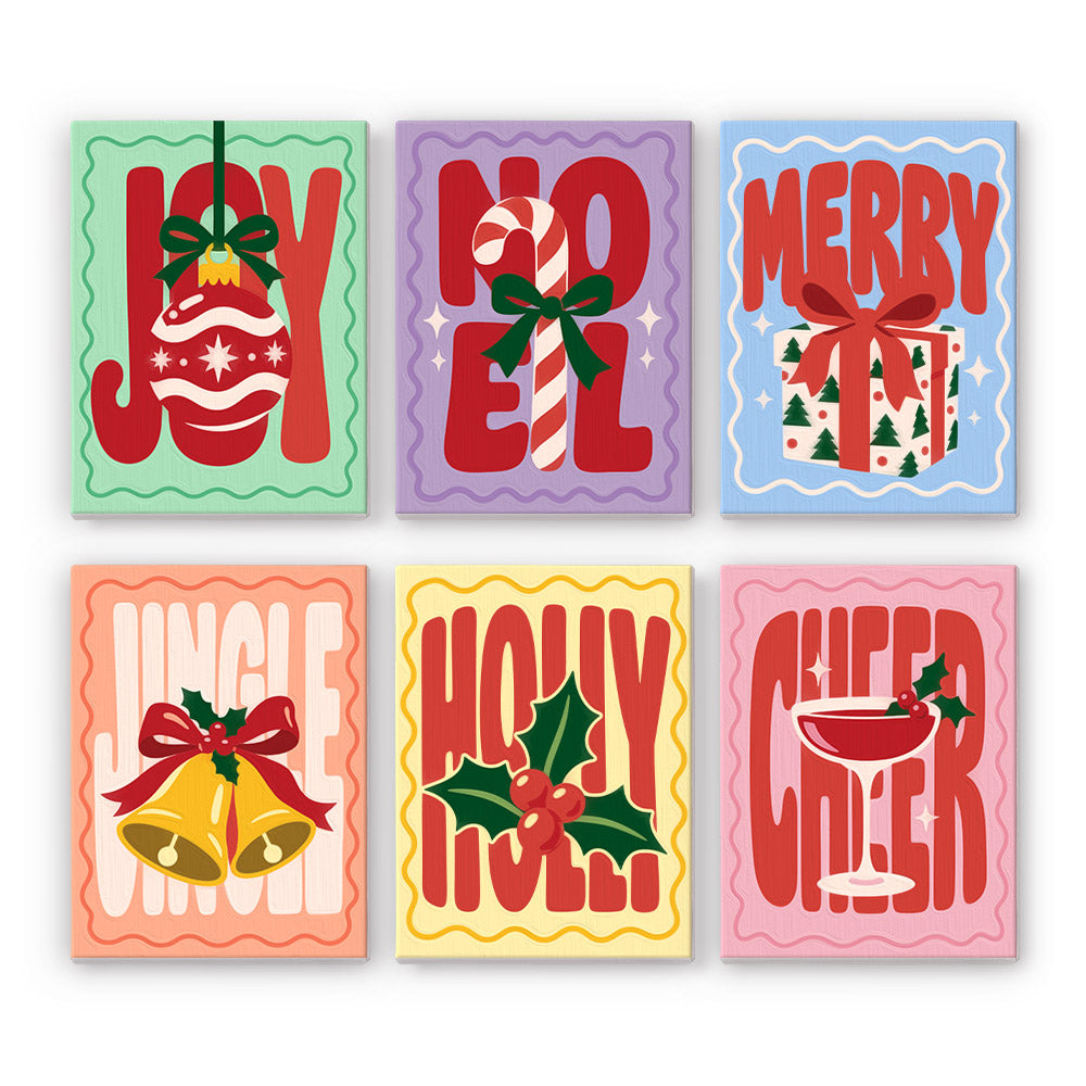 Groovy Stretch-Letter Greetings mini paint by numbers – Wavy red Joy, Noel, Merry, Jingle, Holly and Cheer lettering with ornament, candy cane, gift, bells and cocktail