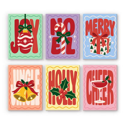 Groovy Stretch-Letter Greetings mini paint by numbers – Wavy red Joy, Noel, Merry, Jingle, Holly and Cheer lettering with ornament, candy cane, gift, bells and cocktail