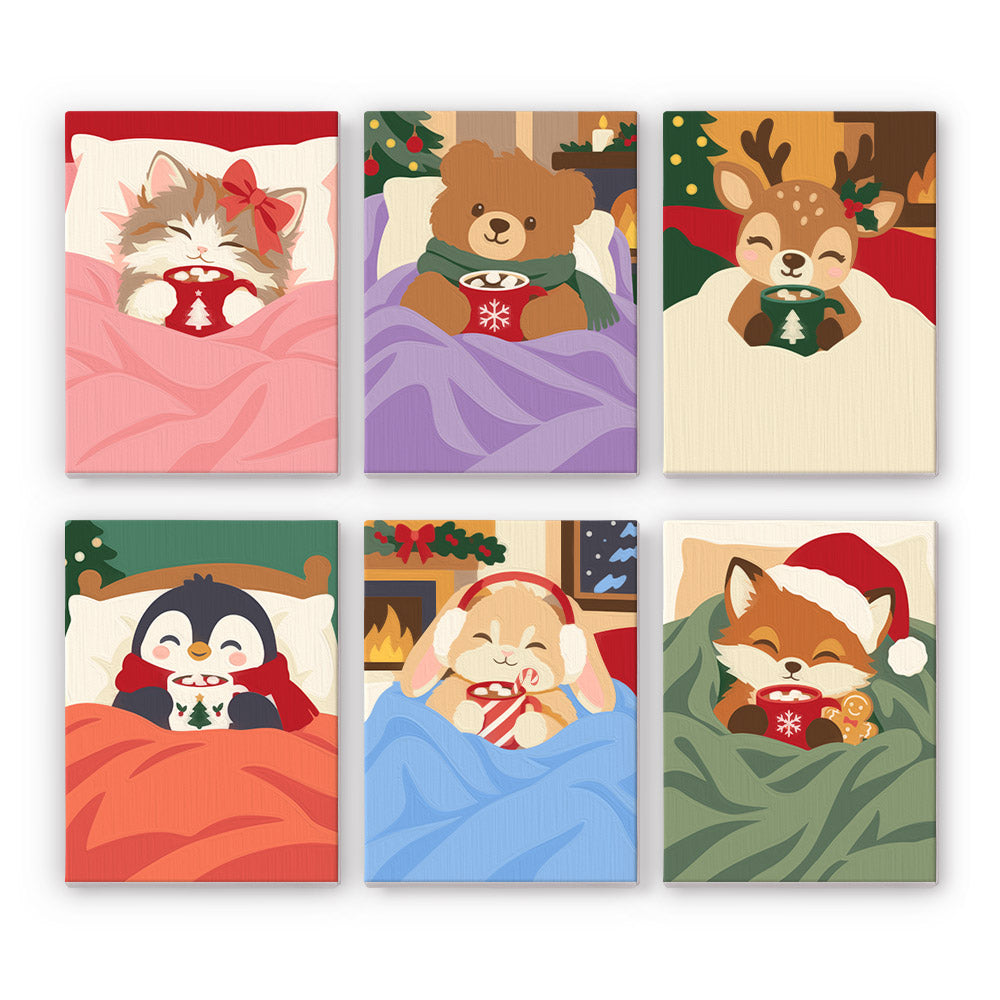 Cocoa in Bed Snuggle Buddies mini paint by numbers – Kitten, bear, fawn, penguin, bunny and fox tucked under blankets sipping cocoa