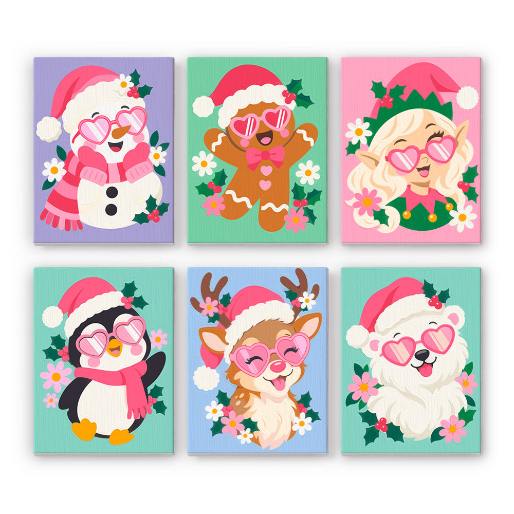 Heart Sunglasses and Holly Blooms mini paint by numbers – Snowman, gingerbread man, elf girl, penguin, reindeer and polar bear in pink heart sunglasses among flowers