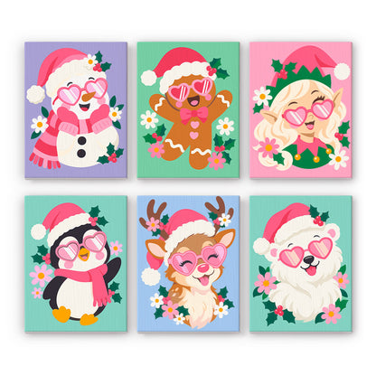 Heart Sunglasses and Holly Blooms mini paint by numbers – Snowman, gingerbread man, elf girl, penguin, reindeer and polar bear in pink heart sunglasses among flowers