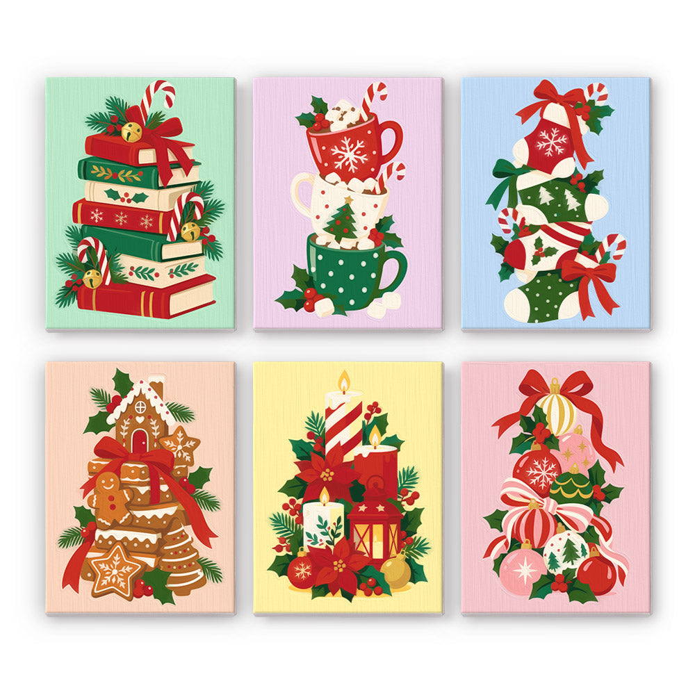 Teetering Towers of Christmas mini paint by numbers – Tree-shaped stacks of books, mugs, stockings, gingerbread, candles and ornaments