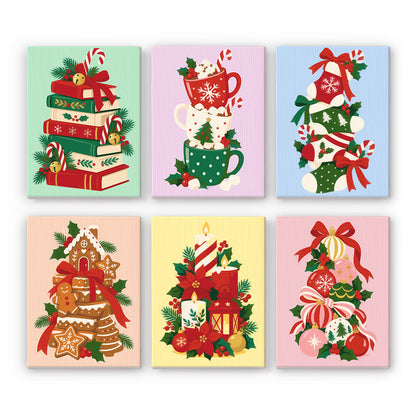 Teetering Towers of Christmas mini paint by numbers – Tree-shaped stacks of books, mugs, stockings, gingerbread, candles and ornaments