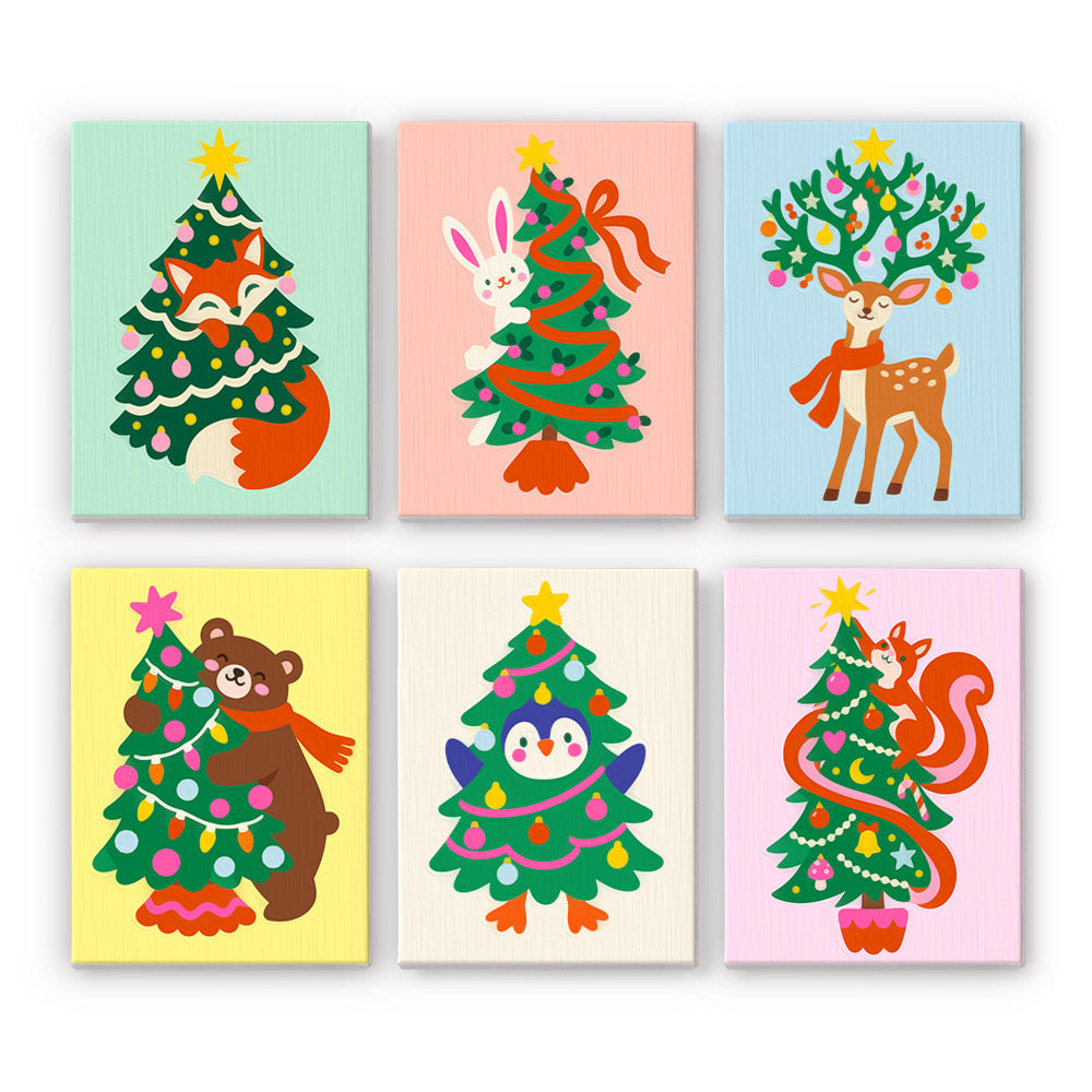 Critters Hiding in Christmas Trees mini paint by numbers – Fox, bunny, bear, penguin and squirrel tucked into decorated trees and a fawn with tree antlers