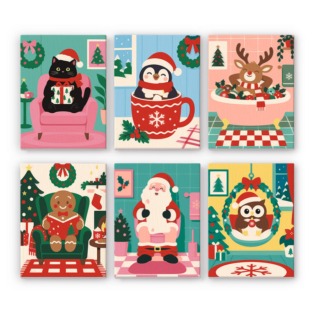 Bathtub Reindeer and Cozy Rooms mini paint by numbers – Black cat in an armchair, penguin in a teacup, reindeer in a bathtub, reading gingerbread, Santa and owl in a wreath