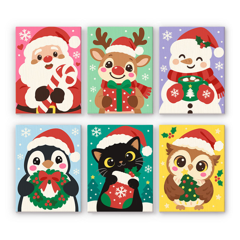 Snowflake Santa and Cocoa Cat mini paint by numbers – Santa with candy cane, reindeer with gift, snowman, penguin with wreath, black cat with mug and owl with tree