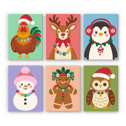 Twinkle-Light Rooster and Friends mini paint by numbers – Rooster, reindeer, penguin, snowman, gingerbread man and owl wrapped in strings of holiday lights
