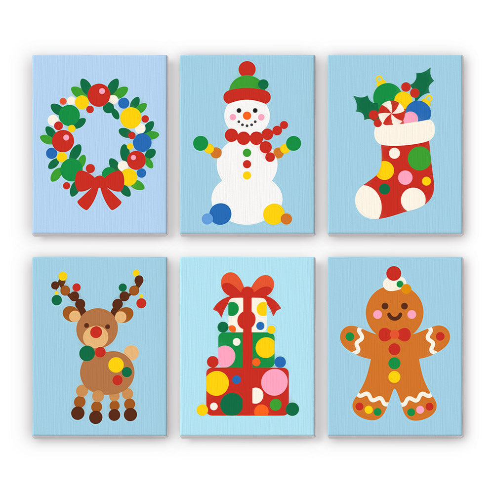 Gumdrop Polka-Dot Christmas mini paint by numbers – Wreath, snowman, stocking, reindeer, stacked gifts and gingerbread man covered in colorful dots on pale blue