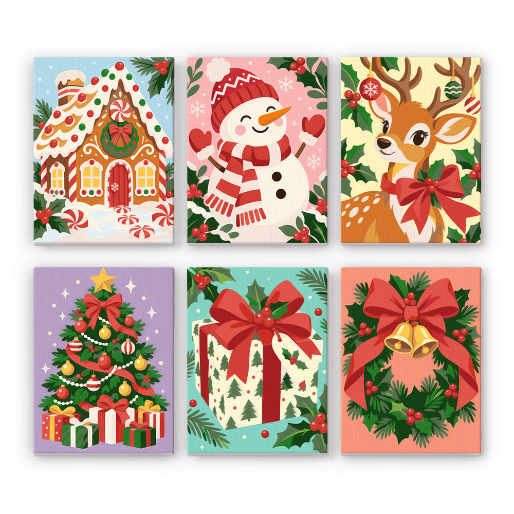Holly-Bordered Gingerbread House mini paint by numbers – Gingerbread house, snowman, reindeer, decorated tree, wrapped gift and bell wreath framed by holly and candy