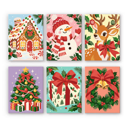 Holly-Bordered Gingerbread House mini paint by numbers – Gingerbread house, snowman, reindeer, decorated tree, wrapped gift and bell wreath framed by holly and candy