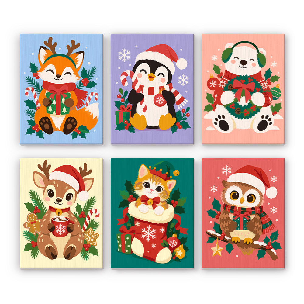 Kitten in a Stocking and Pals mini paint by numbers – Fox, penguin, polar bear, fawn, kitten in a stocking and owl in Santa hats framed by holly