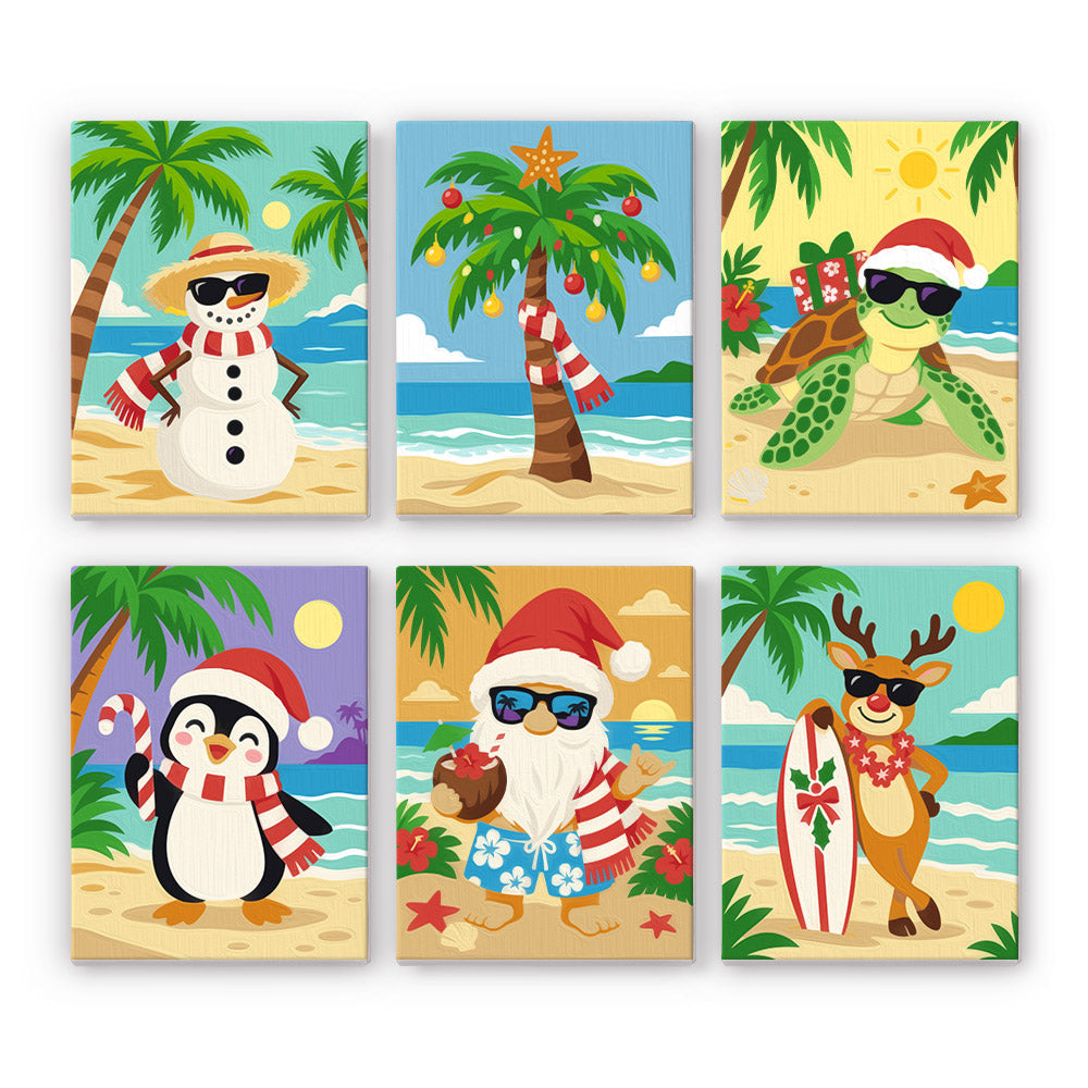 Sandy Snowman and Sea Turtle mini paint by numbers – Snowman, palm tree, sea turtle, penguin, Santa and reindeer in sunglasses and Santa hats on a sunny beach