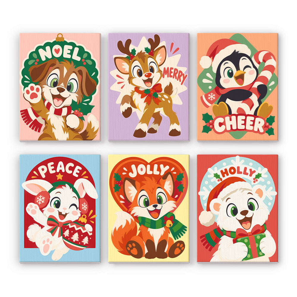 Holly, Jolly and Noel Babies mini paint by numbers – Puppy, fawn, penguin, bunny, fox and polar bear in arched frames with Noel, Merry, Cheer, Peace, Jolly, Holly