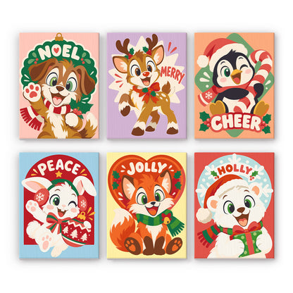 Holly, Jolly and Noel Babies mini paint by numbers – Puppy, fawn, penguin, bunny, fox and polar bear in arched frames with Noel, Merry, Cheer, Peace, Jolly, Holly
