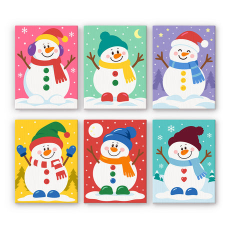 Snowmen in Rainbow Beanies mini paint by numbers – Smiling snowmen in different colorful hats, earmuffs and scarves on bright snowy backgrounds