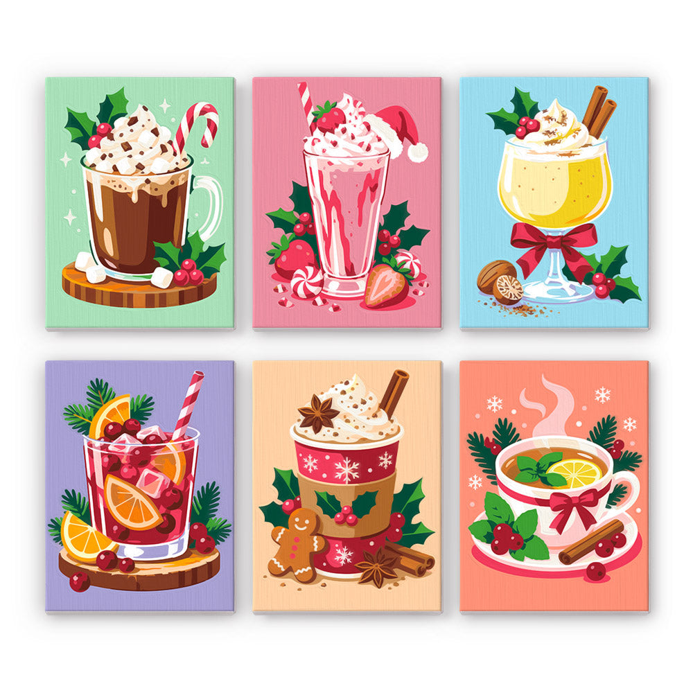 Eggnog, Cocoa and Berry Shakes mini paint by numbers – Cocoa, strawberry shake, eggnog, citrus punch, spiced latte and lemon tea trimmed with holly